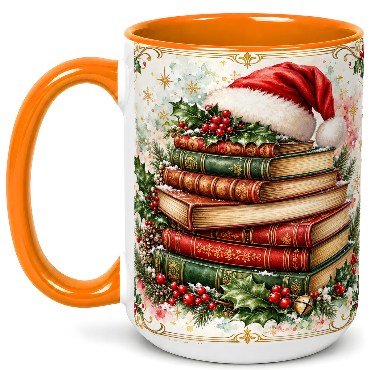 #pl[15oz|Orange] Santa Hat Books Coffee Mug, Christmas Reading Mug, Ceramic Cup