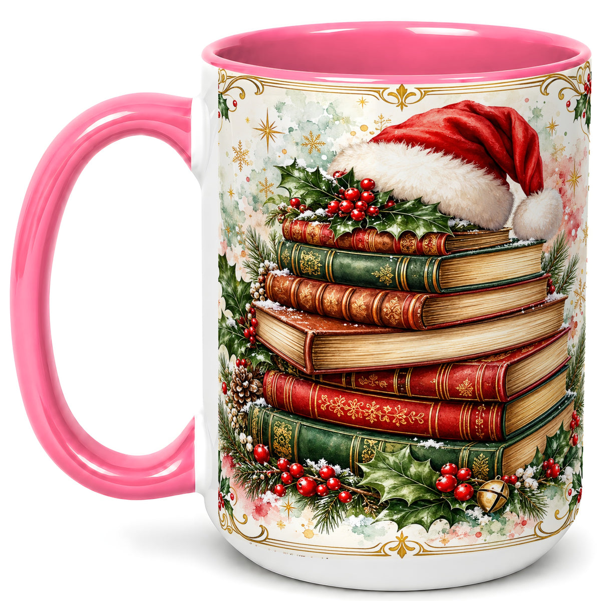 #pl[15oz|Pink] Santa Hat Books Coffee Mug, Christmas Reading Mug, Ceramic Cup