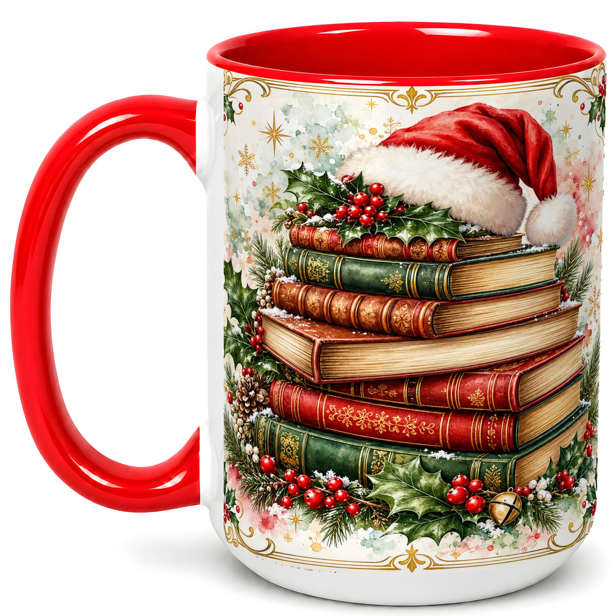#pl[15oz|Red] Santa Hat Books Coffee Mug, Christmas Reading Mug, Ceramic Cup