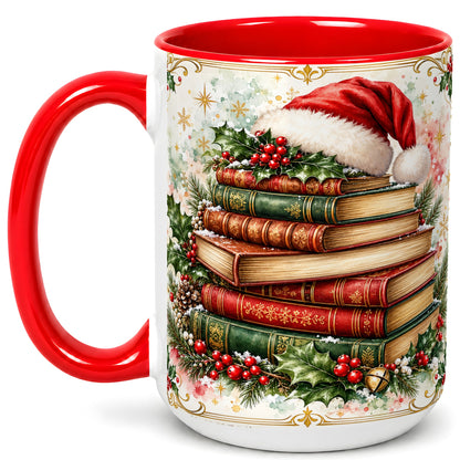 #pl[15oz|Red] Santa Hat Books Coffee Mug, Christmas Reading Mug, Ceramic Cup