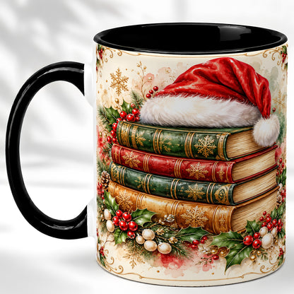 #pl[11oz|Black] Santa Hat Book Stack Coffee Mug, Holiday Reading Mug, Ceramic Cup
