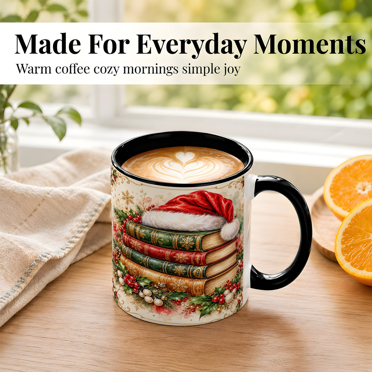#pl[11oz|Black] Santa Hat Book Stack Coffee Mug, Holiday Reading Mug, Ceramic Cup