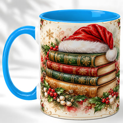 #pl[11oz|Blue] Santa Hat Book Stack Coffee Mug, Holiday Reading Mug, Ceramic Cup