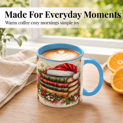 #pl[11oz|Blue] Santa Hat Book Stack Coffee Mug, Holiday Reading Mug, Ceramic Cup