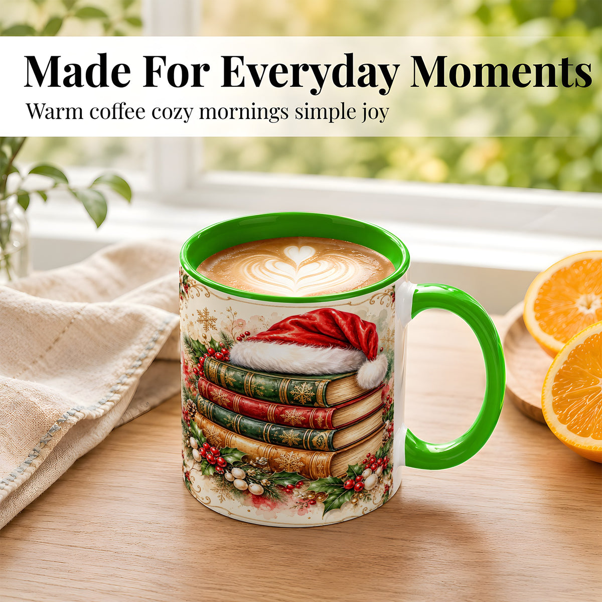 #pl[11oz|Green] Santa Hat Book Stack Coffee Mug, Holiday Reading Mug, Ceramic Cup