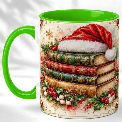 #pl[11oz|Green] Santa Hat Book Stack Coffee Mug, Holiday Reading Mug, Ceramic Cup