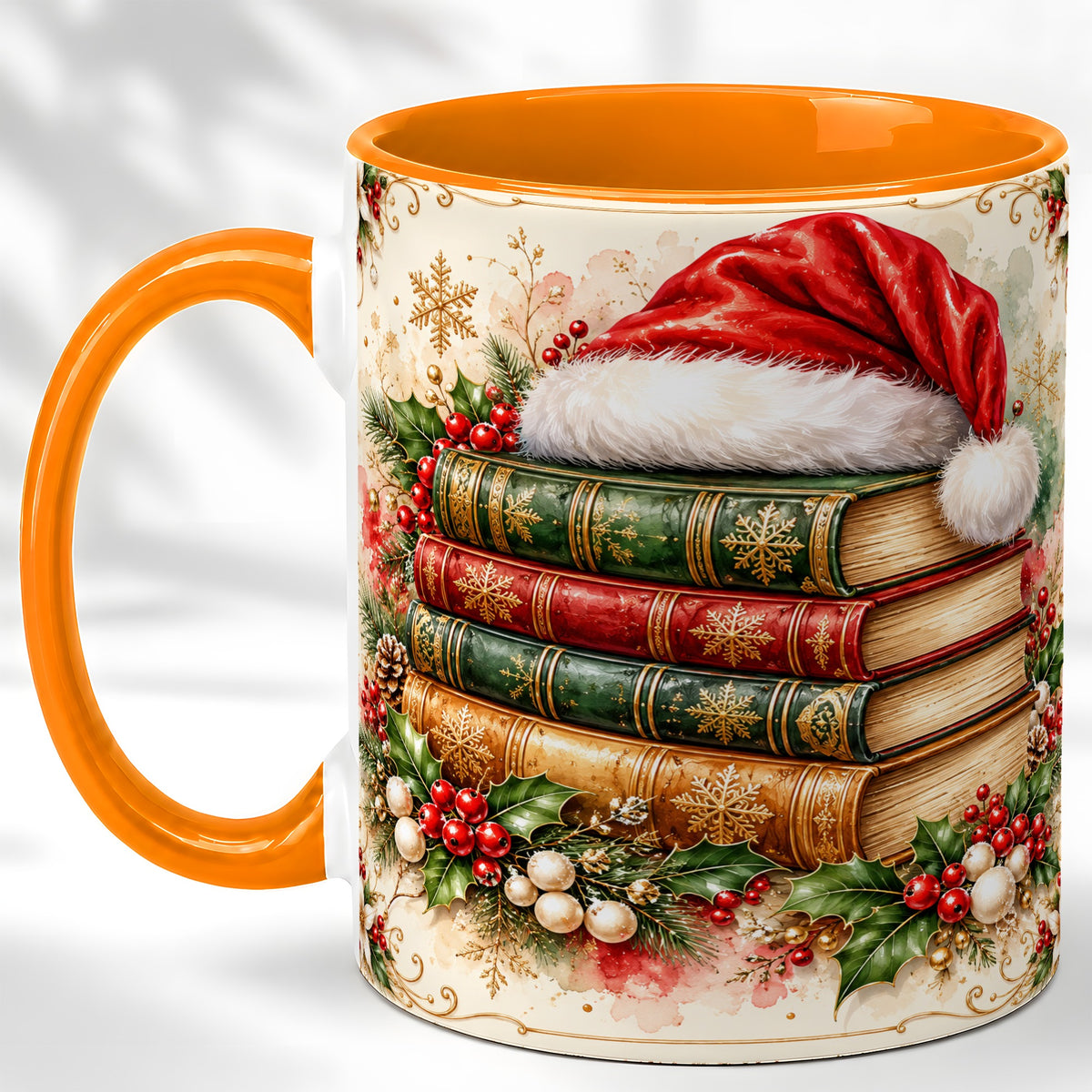 #pl[11oz|Orange] Santa Hat Book Stack Coffee Mug, Holiday Reading Mug, Ceramic Cup