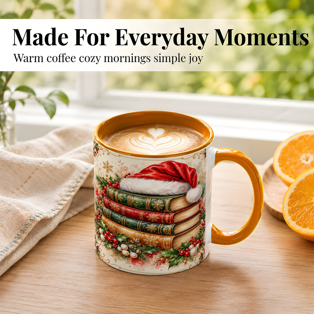 #pl[11oz|Orange] Santa Hat Book Stack Coffee Mug, Holiday Reading Mug, Ceramic Cup
