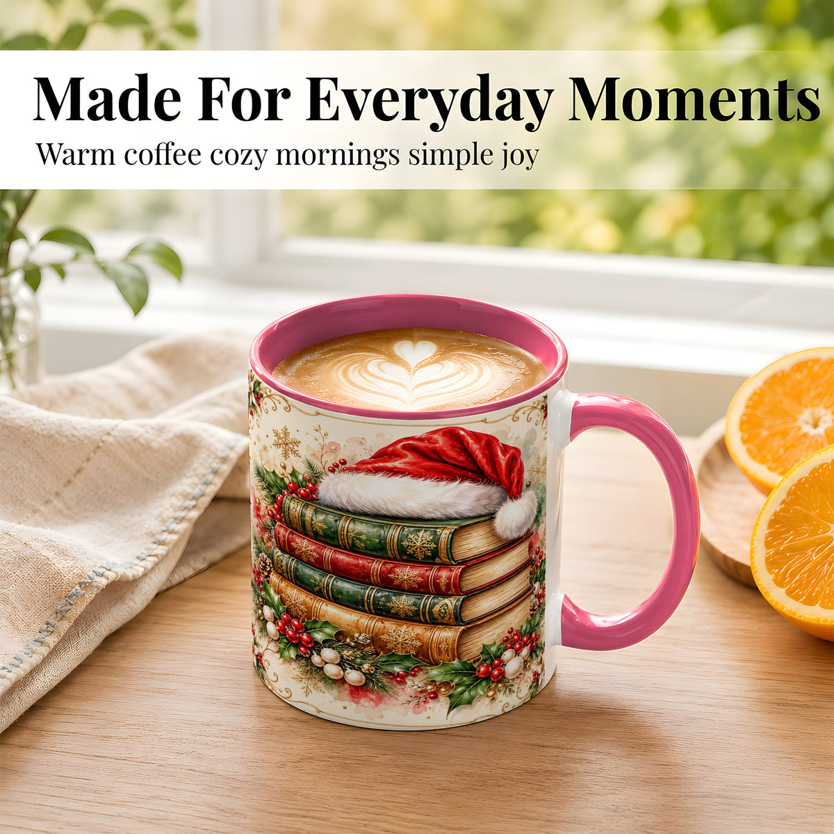 #pl[11oz|Pink] Santa Hat Book Stack Coffee Mug, Holiday Reading Mug, Ceramic Cup
