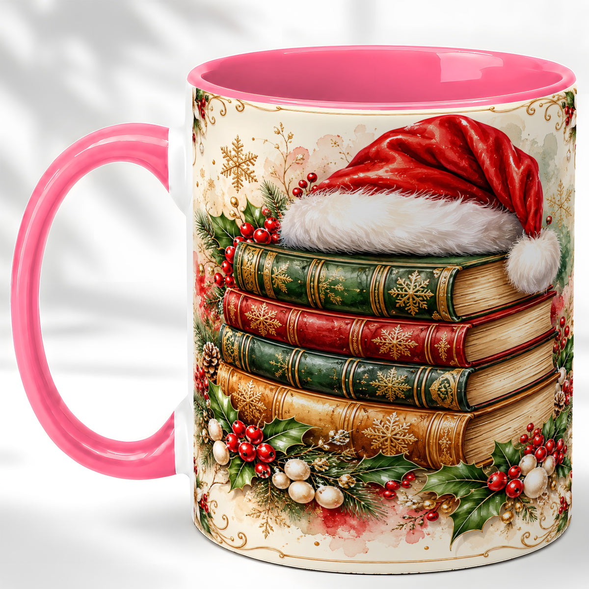 #pl[11oz|Pink] Santa Hat Book Stack Coffee Mug, Holiday Reading Mug, Ceramic Cup
