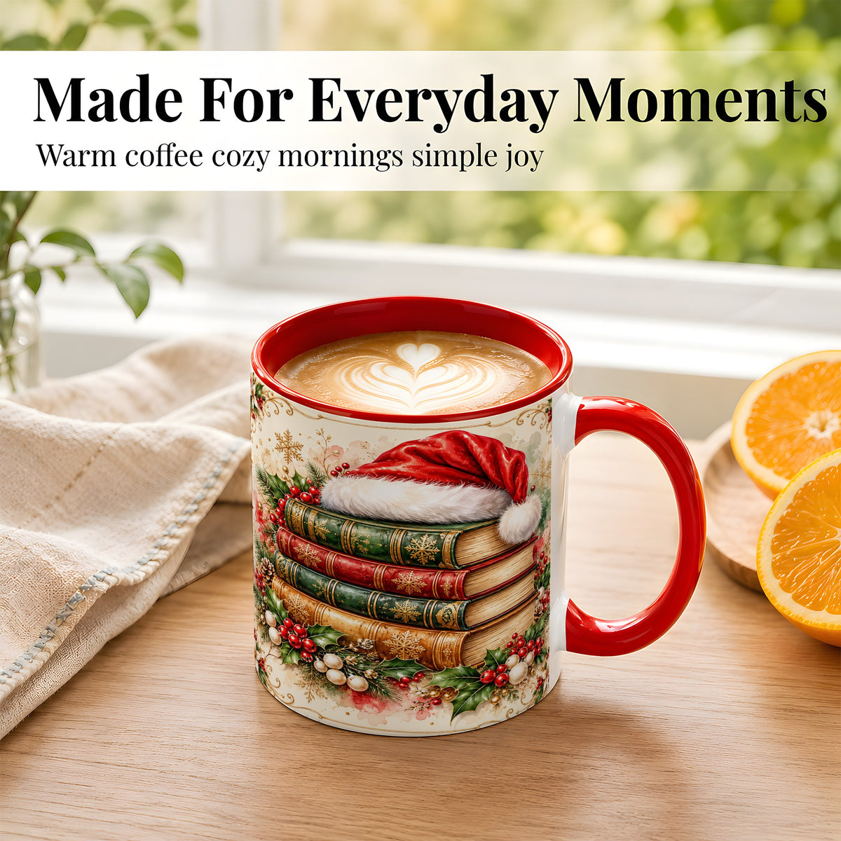 #pl[11oz|Red] Santa Hat Book Stack Coffee Mug, Holiday Reading Mug, Ceramic Cup