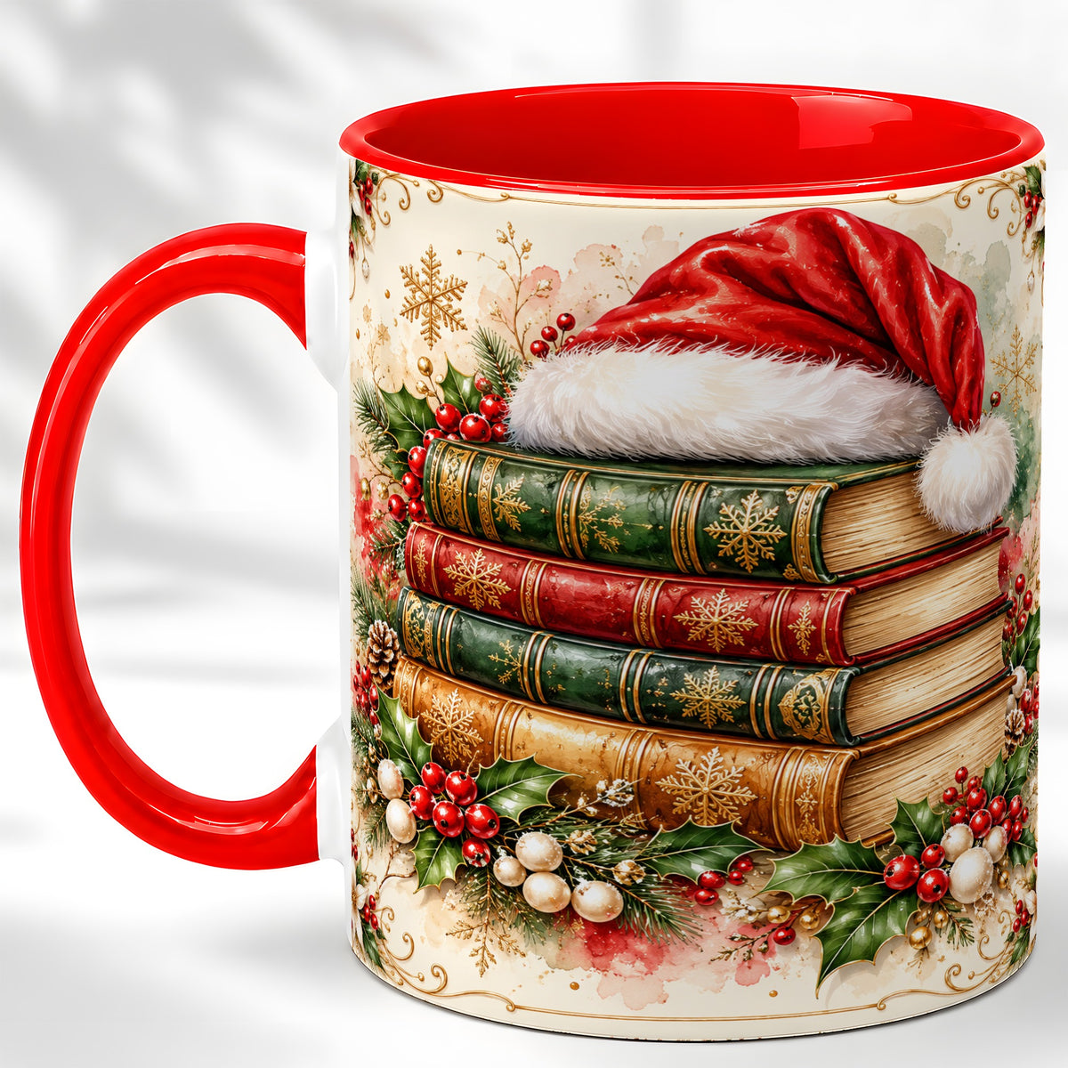 Santa Hat Book Stack Coffee Mug, Holiday Reading Mug, Ceramic Cup