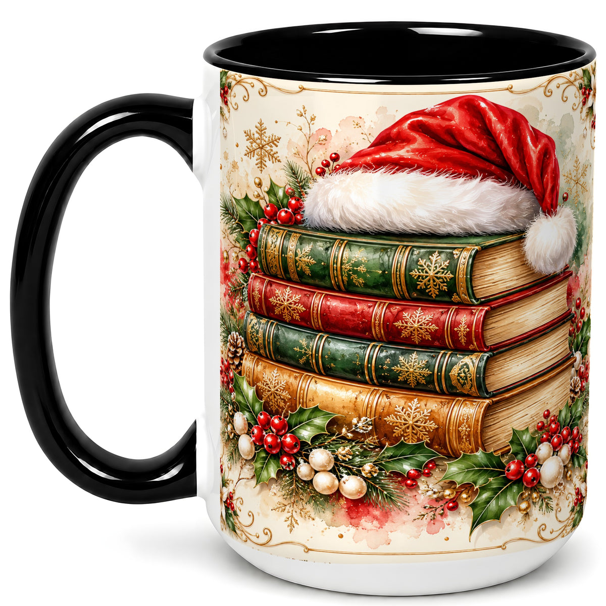 #pl[15oz|Black] Santa Hat Book Stack Coffee Mug, Holiday Reading Mug, Ceramic Cup