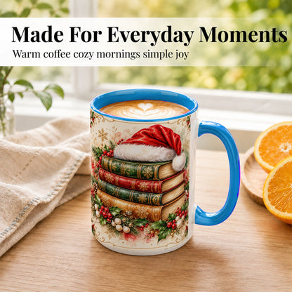 #pl[15oz|Blue] Santa Hat Book Stack Coffee Mug, Holiday Reading Mug, Ceramic Cup