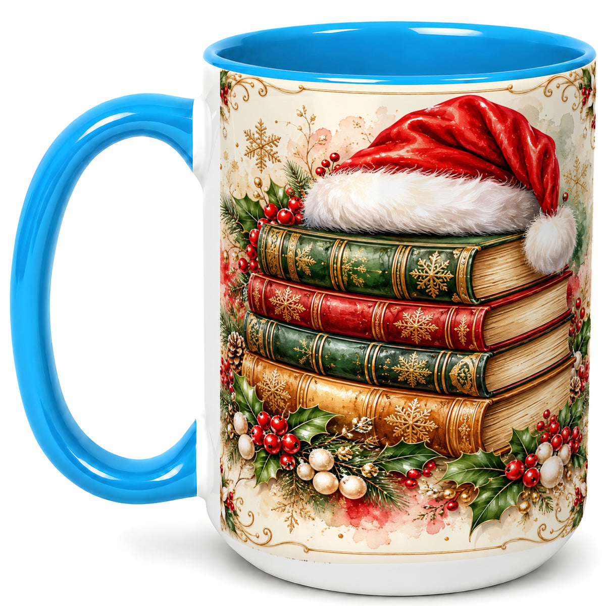 #pl[15oz|Blue] Santa Hat Book Stack Coffee Mug, Holiday Reading Mug, Ceramic Cup