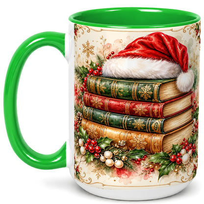 #pl[15oz|Green] Santa Hat Book Stack Coffee Mug, Holiday Reading Mug, Ceramic Cup