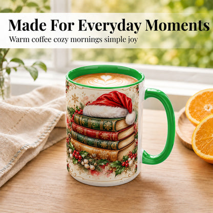 #pl[15oz|Green] Santa Hat Book Stack Coffee Mug, Holiday Reading Mug, Ceramic Cup