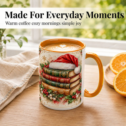#pl[15oz|Orange] Santa Hat Book Stack Coffee Mug, Holiday Reading Mug, Ceramic Cup