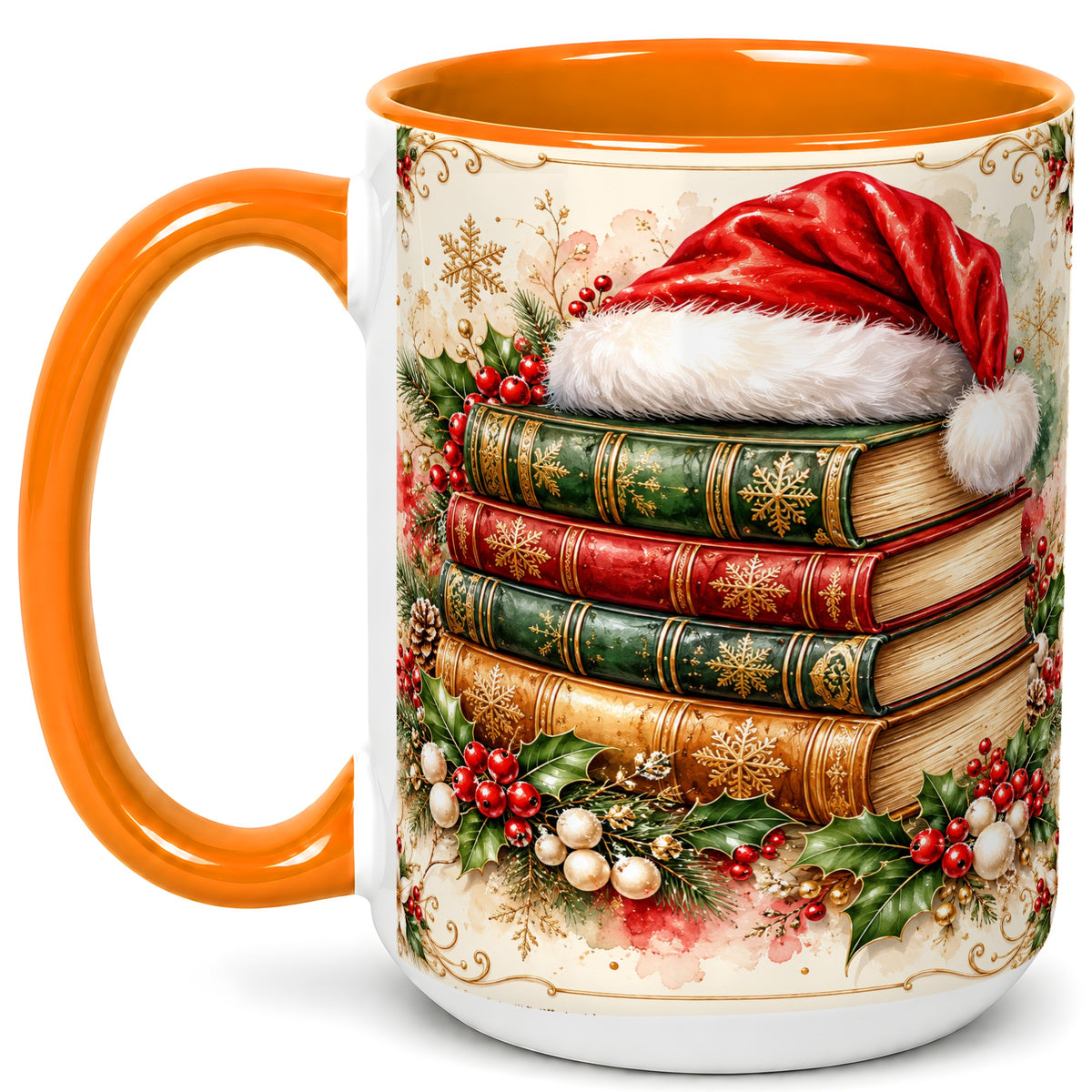 #pl[15oz|Orange] Santa Hat Book Stack Coffee Mug, Holiday Reading Mug, Ceramic Cup