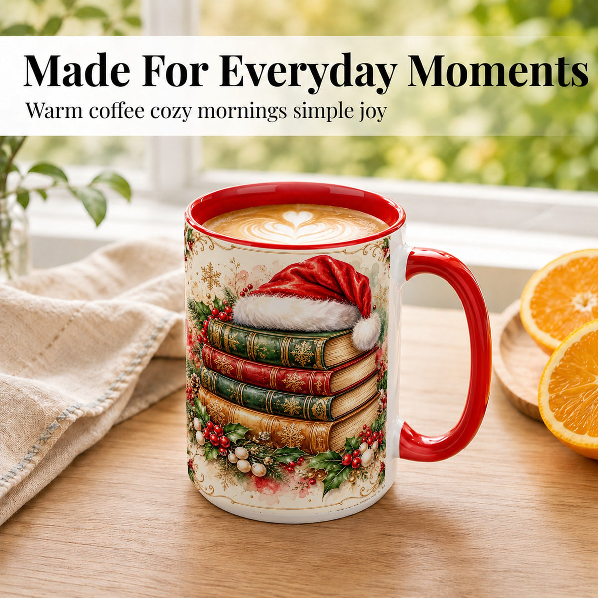 #pl[15oz|Red] Santa Hat Book Stack Coffee Mug, Holiday Reading Mug, Ceramic Cup