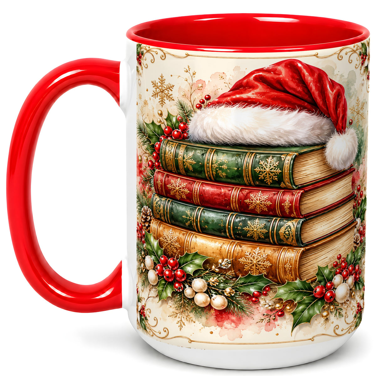 #pl[15oz|Red] Santa Hat Book Stack Coffee Mug, Holiday Reading Mug, Ceramic Cup