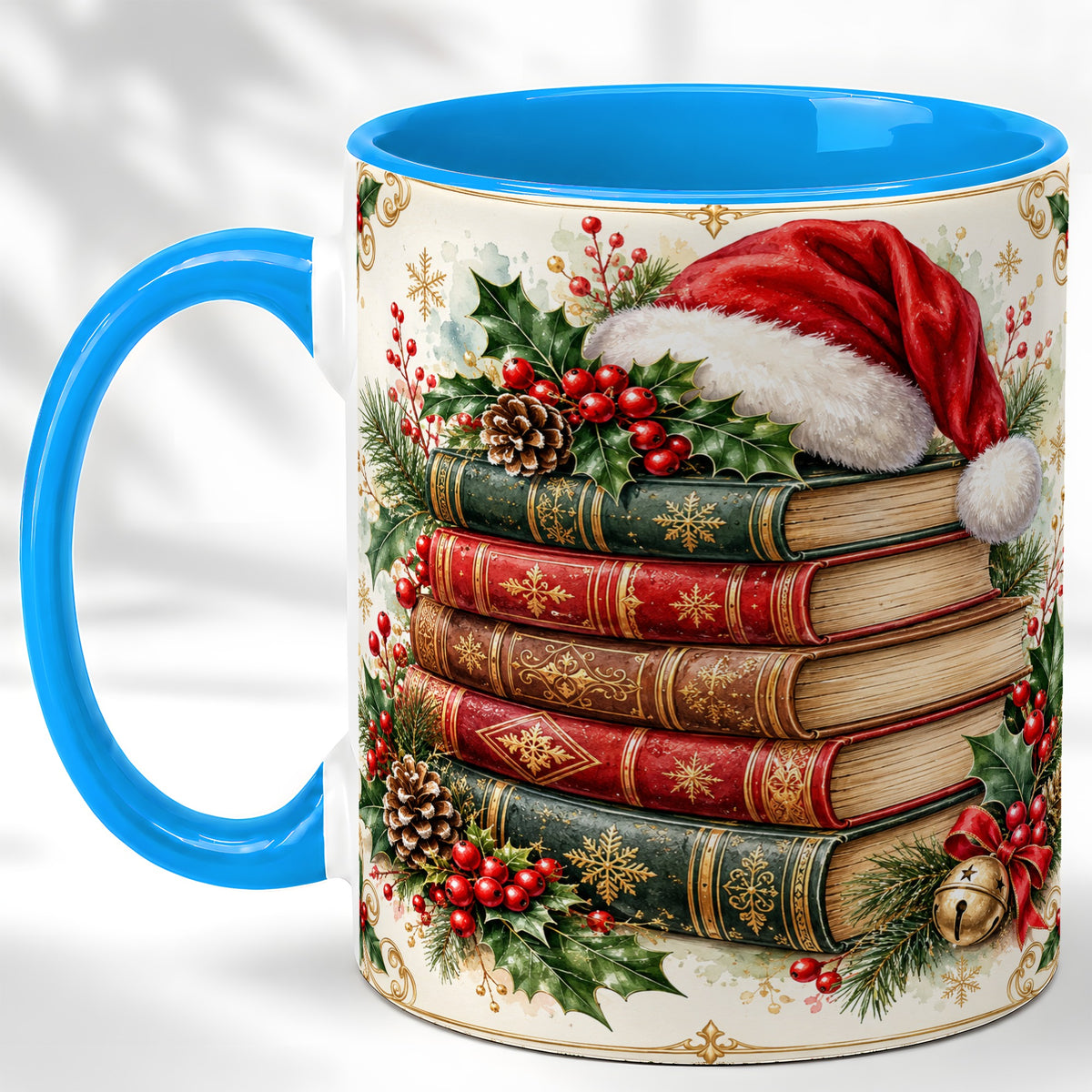 #pl[11oz|Blue] Christmas Books Coffee Mug, Holiday Reading Mug, Ceramic Cup
