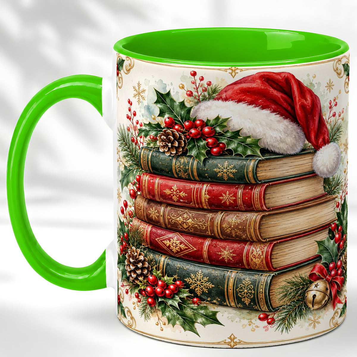 #pl[11oz|Green] Christmas Books Coffee Mug, Holiday Reading Mug, Ceramic Cup