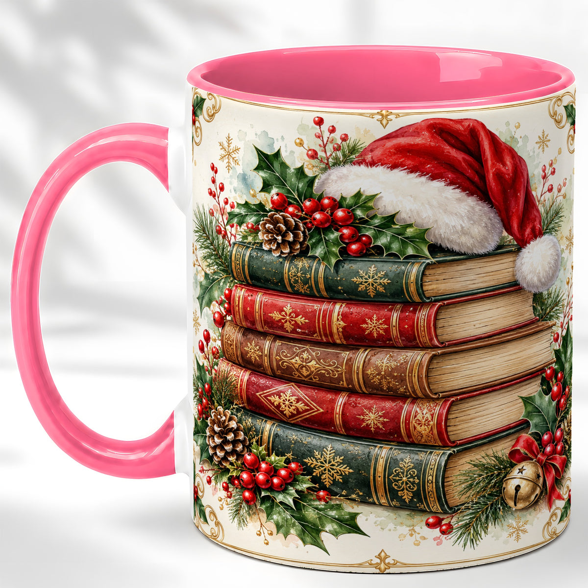 #pl[11oz|Pink] Christmas Books Coffee Mug, Holiday Reading Mug, Ceramic Cup