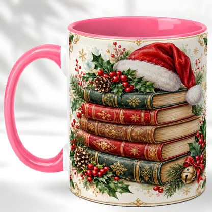 #pl[11oz|Pink] Christmas Books Coffee Mug, Holiday Reading Mug, Ceramic Cup