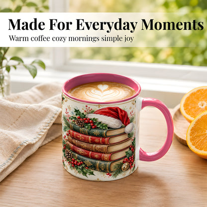 #pl[11oz|Pink] Christmas Books Coffee Mug, Holiday Reading Mug, Ceramic Cup