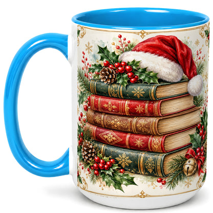 #pl[15oz|Blue] Christmas Books Coffee Mug, Holiday Reading Mug, Ceramic Cup