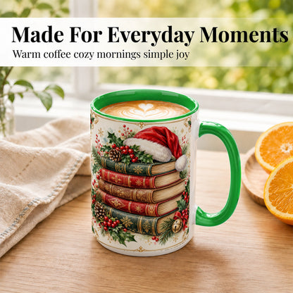 #pl[15oz|Green] Christmas Books Coffee Mug, Holiday Reading Mug, Ceramic Cup