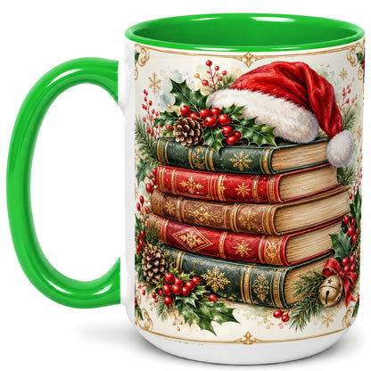 #pl[15oz|Green] Christmas Books Coffee Mug, Holiday Reading Mug, Ceramic Cup