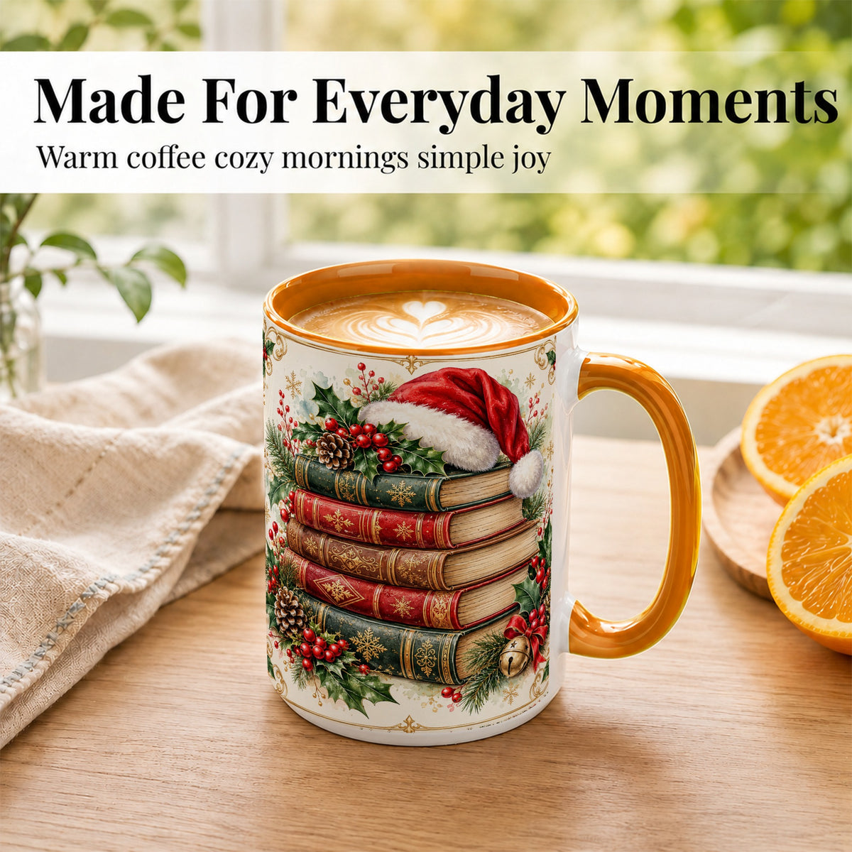 #pl[15oz|Orange] Christmas Books Coffee Mug, Holiday Reading Mug, Ceramic Cup