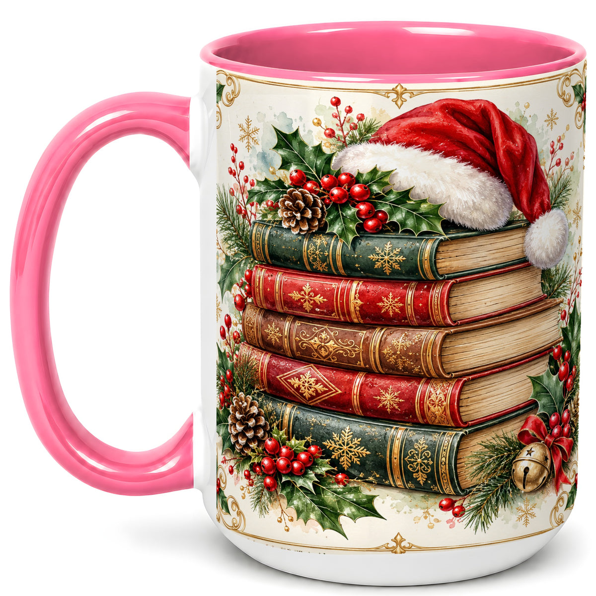 #pl[15oz|Pink] Christmas Books Coffee Mug, Holiday Reading Mug, Ceramic Cup