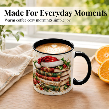 #pl[11oz|Black] Festive Book Stack Coffee Mug, Christmas Reading Mug, Ceramic Cup