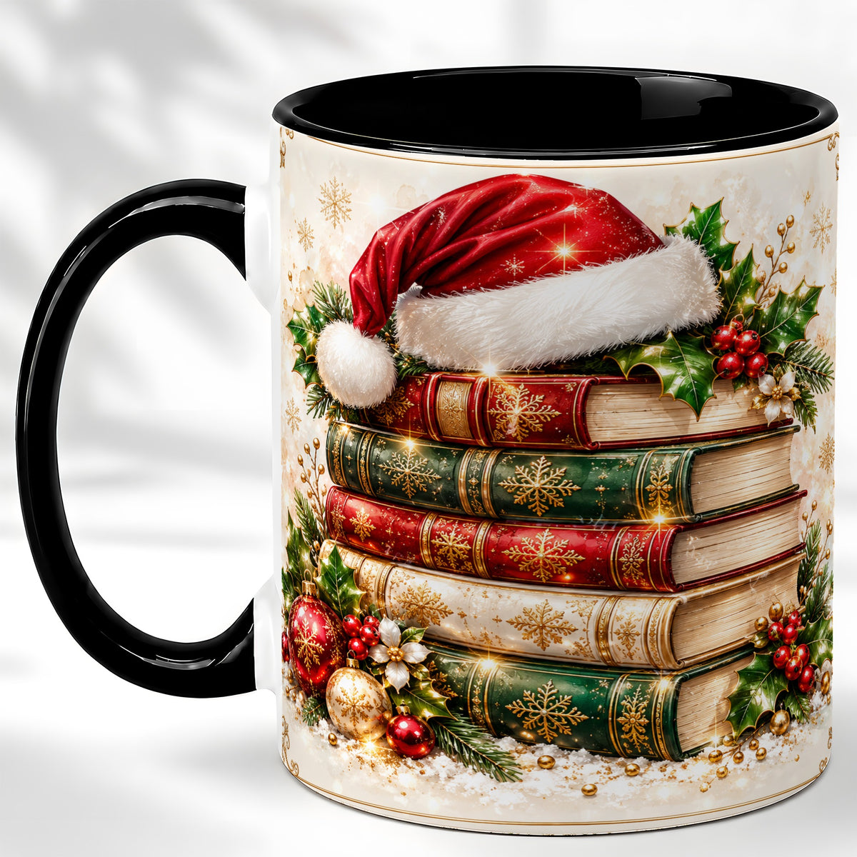#pl[11oz|Black] Festive Book Stack Coffee Mug, Christmas Reading Mug, Ceramic Cup