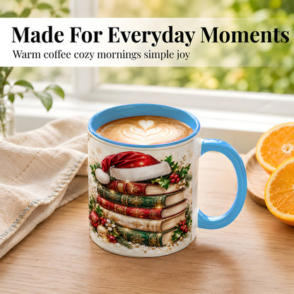 #pl[11oz|Blue] Festive Book Stack Coffee Mug, Christmas Reading Mug, Ceramic Cup
