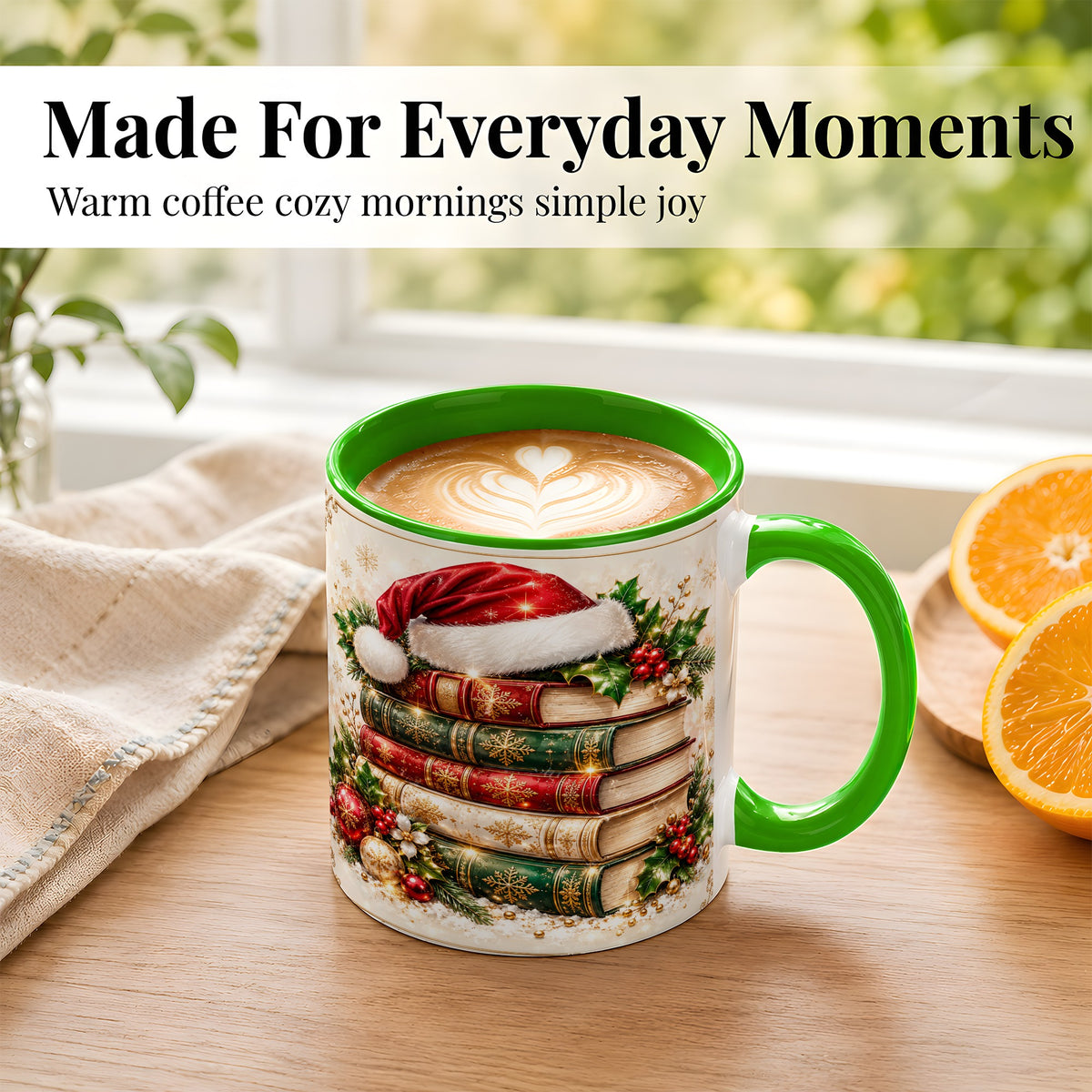 #pl[11oz|Green] Festive Book Stack Coffee Mug, Christmas Reading Mug, Ceramic Cup