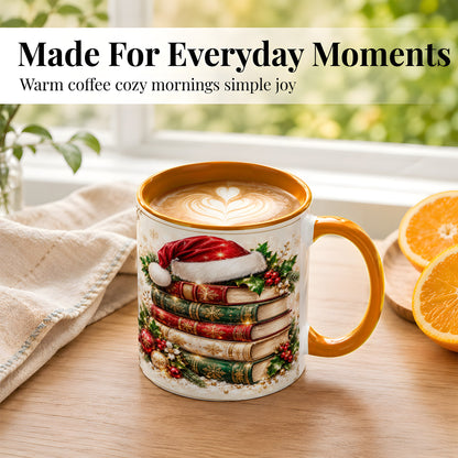 #pl[11oz|Orange] Festive Book Stack Coffee Mug, Christmas Reading Mug, Ceramic Cup
