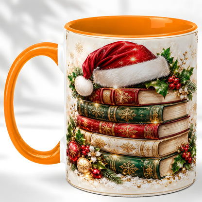 #pl[11oz|Orange] Festive Book Stack Coffee Mug, Christmas Reading Mug, Ceramic Cup
