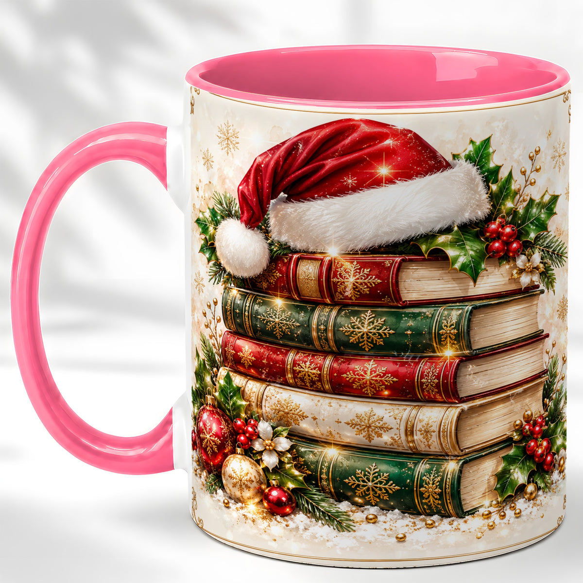 #pl[11oz|Pink] Festive Book Stack Coffee Mug, Christmas Reading Mug, Ceramic Cup