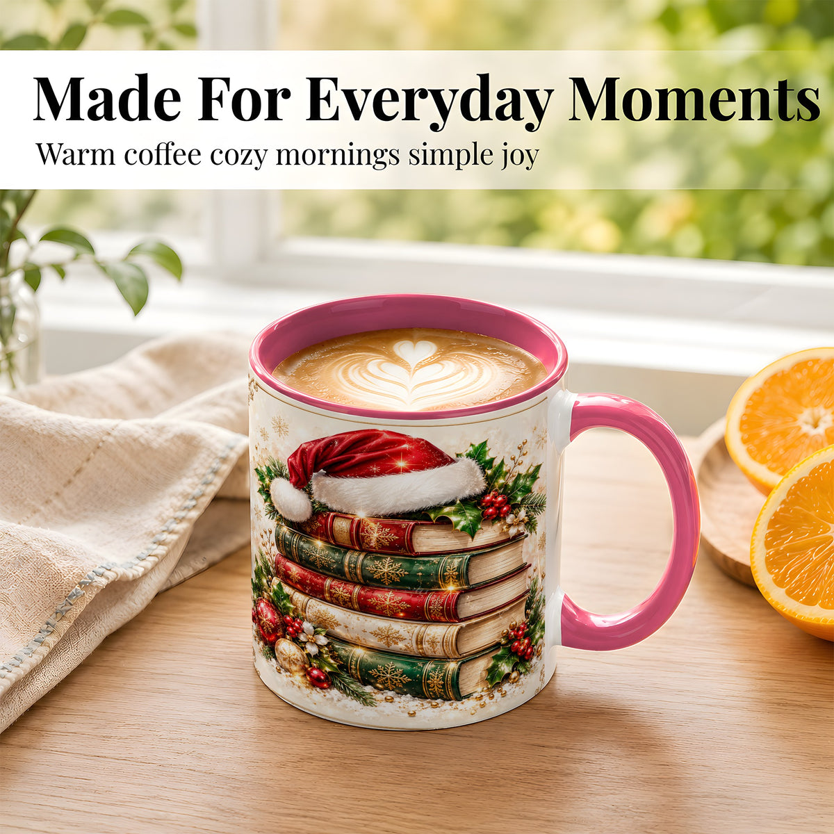 #pl[11oz|Pink] Festive Book Stack Coffee Mug, Christmas Reading Mug, Ceramic Cup