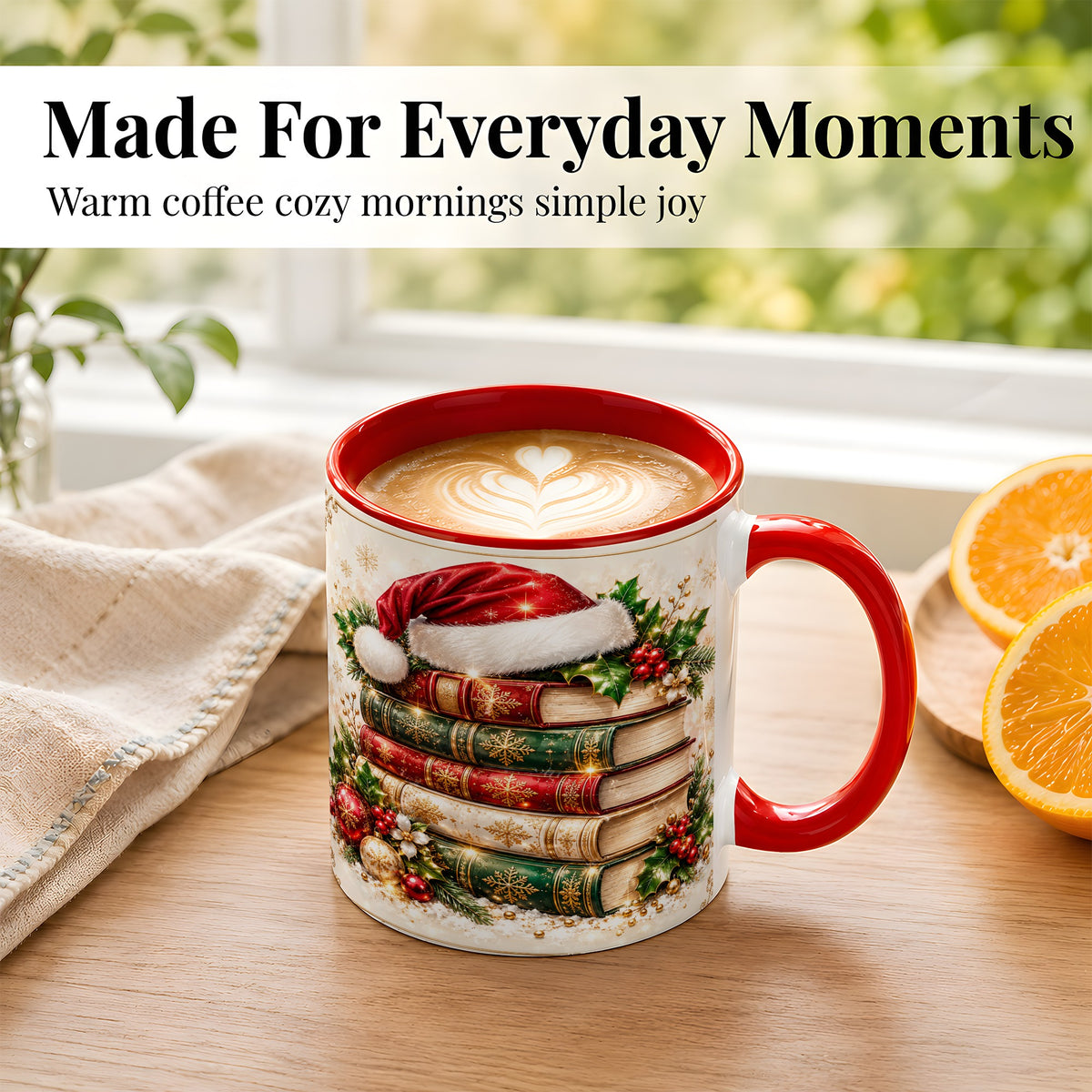 #pl[11oz|Red] Festive Book Stack Coffee Mug, Christmas Reading Mug, Ceramic Cup