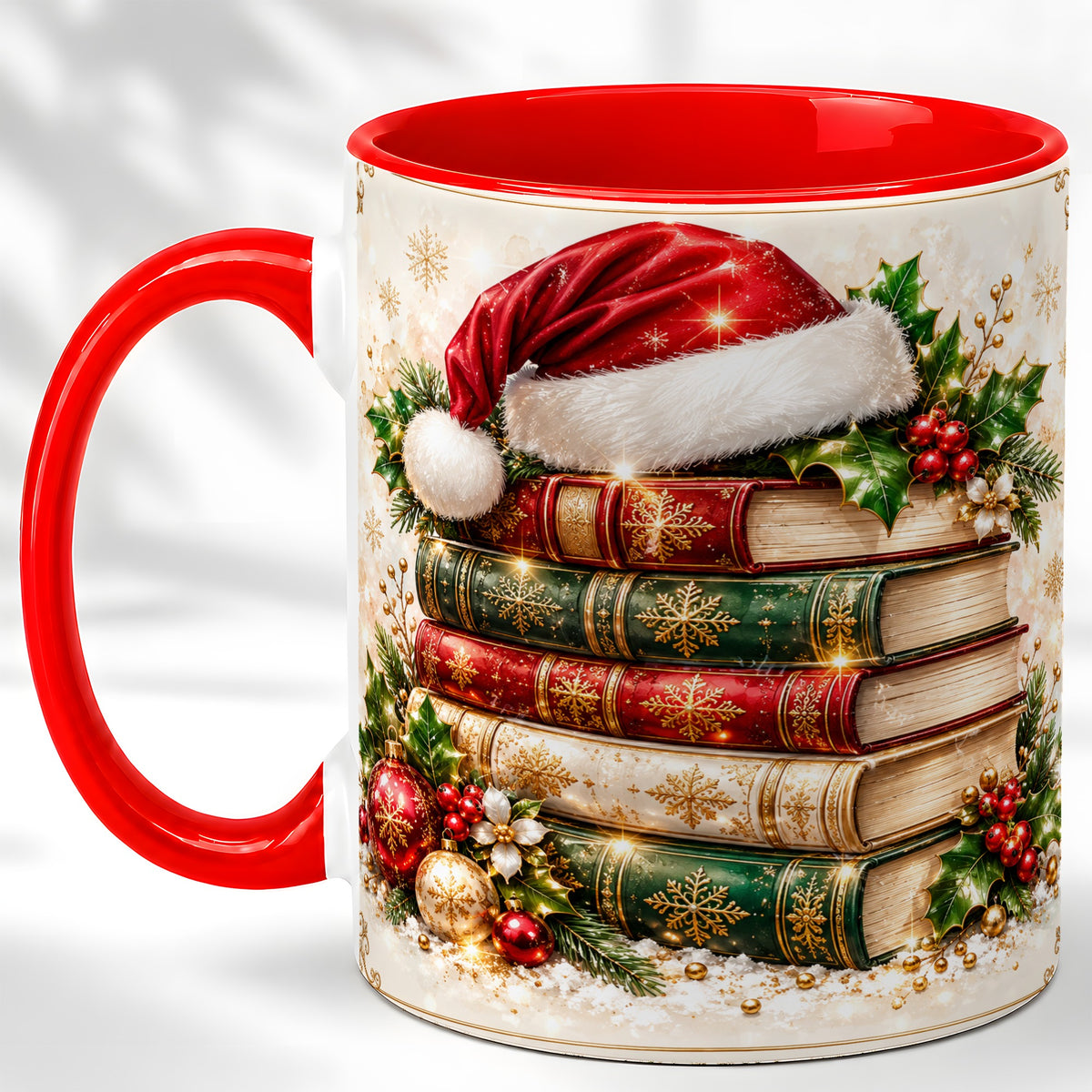 Festive Book Stack Coffee Mug, Christmas Reading Mug, Ceramic Cup