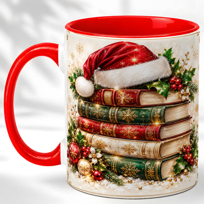 Festive Book Stack Coffee Mug, Christmas Reading Mug, Ceramic Cup