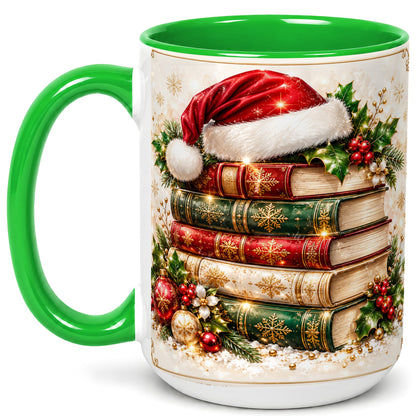 #pl[15oz|Green] Festive Book Stack Coffee Mug, Christmas Reading Mug, Ceramic Cup