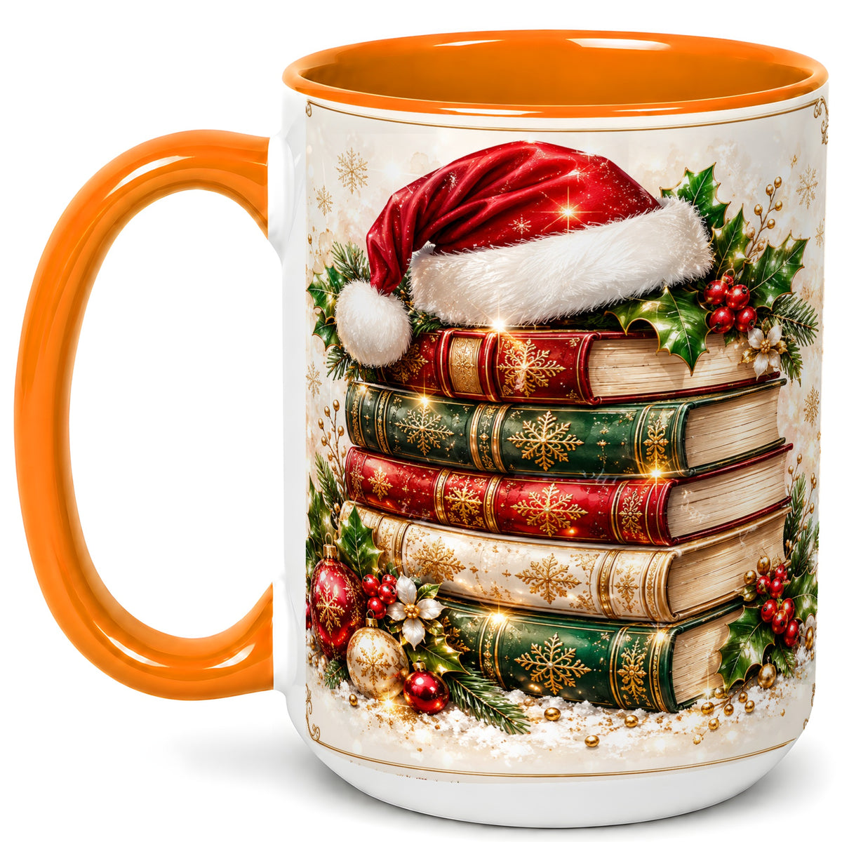 #pl[15oz|Orange] Festive Book Stack Coffee Mug, Christmas Reading Mug, Ceramic Cup