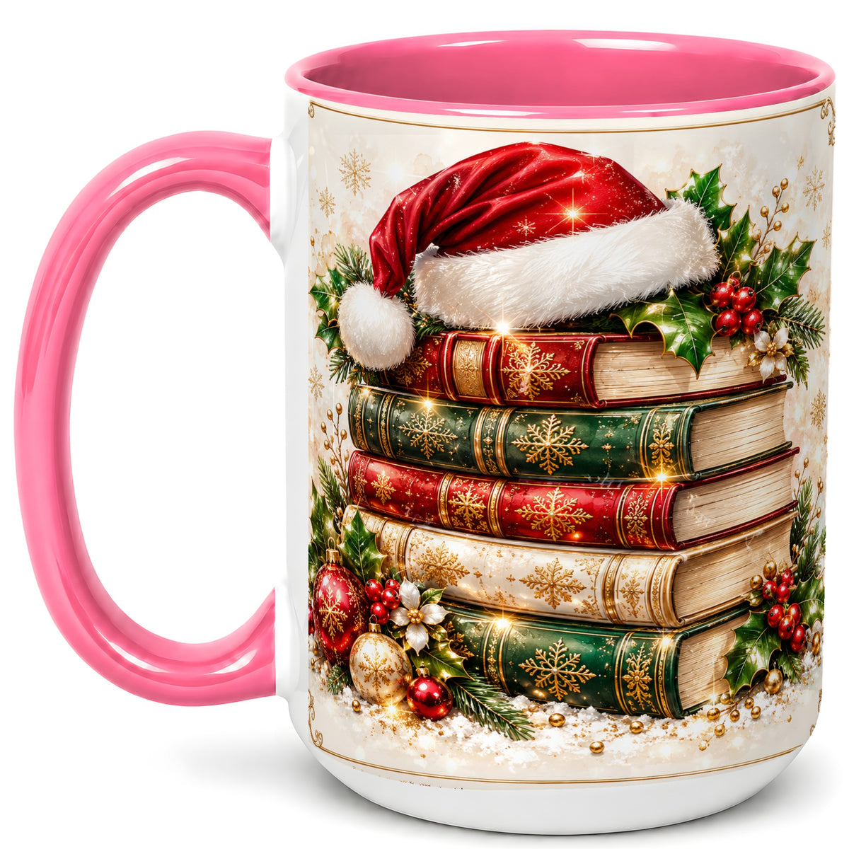 #pl[15oz|Pink] Festive Book Stack Coffee Mug, Christmas Reading Mug, Ceramic Cup