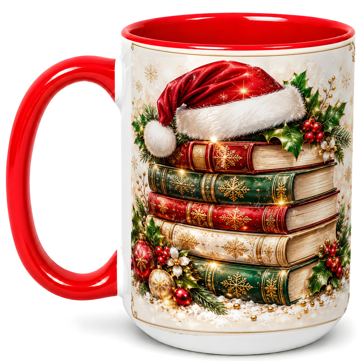 #pl[15oz|Red] Festive Book Stack Coffee Mug, Christmas Reading Mug, Ceramic Cup